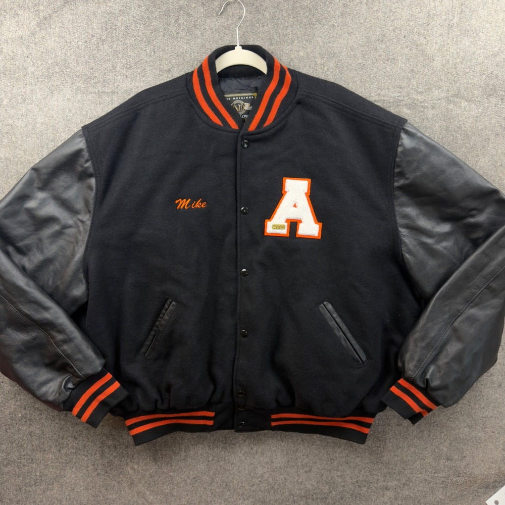 Vintage Holloway Varsity Jacket 3XL Black Orange Wool Leather Altaquip USA Made